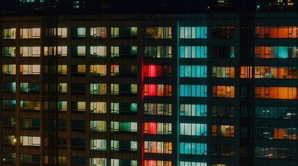 Fototapeta na wymiar a tall building with many windows lit up in the night. generative ai