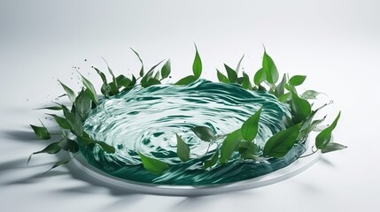  a bowl with water and green plants in it on a white surface.  generative ai