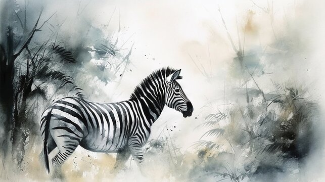  a painting of a zebra standing in a field of grass.  generative ai