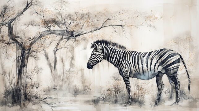  a painting of a zebra standing in a forest next to a tree.  generative ai