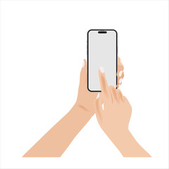 Hand-holding smartphone. Elegant female hands use the phone, tap the touch screen, and poke into the smartphone. Front view, Flat cartoon, vector.