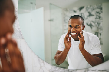 Happy, morning and mirror with black man in bathroom for beauty, skincare and grooming. Cleaning,...