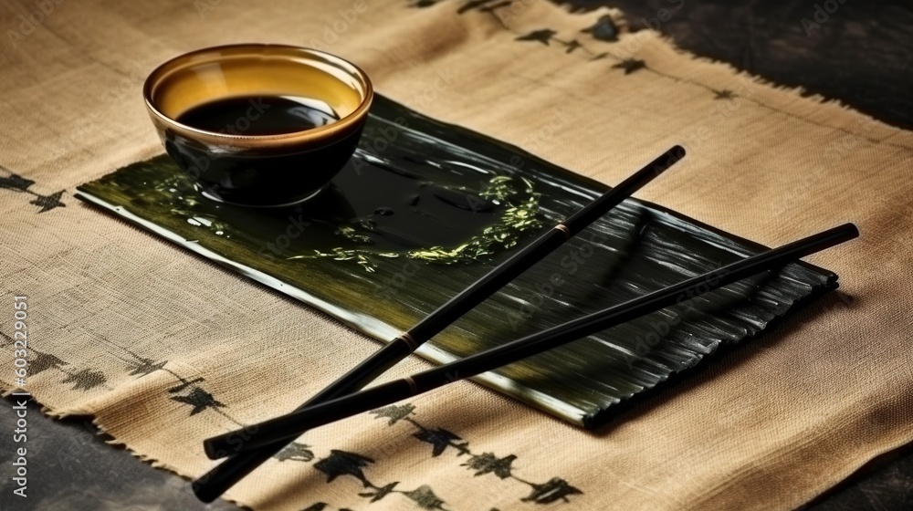 Poster two chopsticks and a cup of tea on a table. generative ai