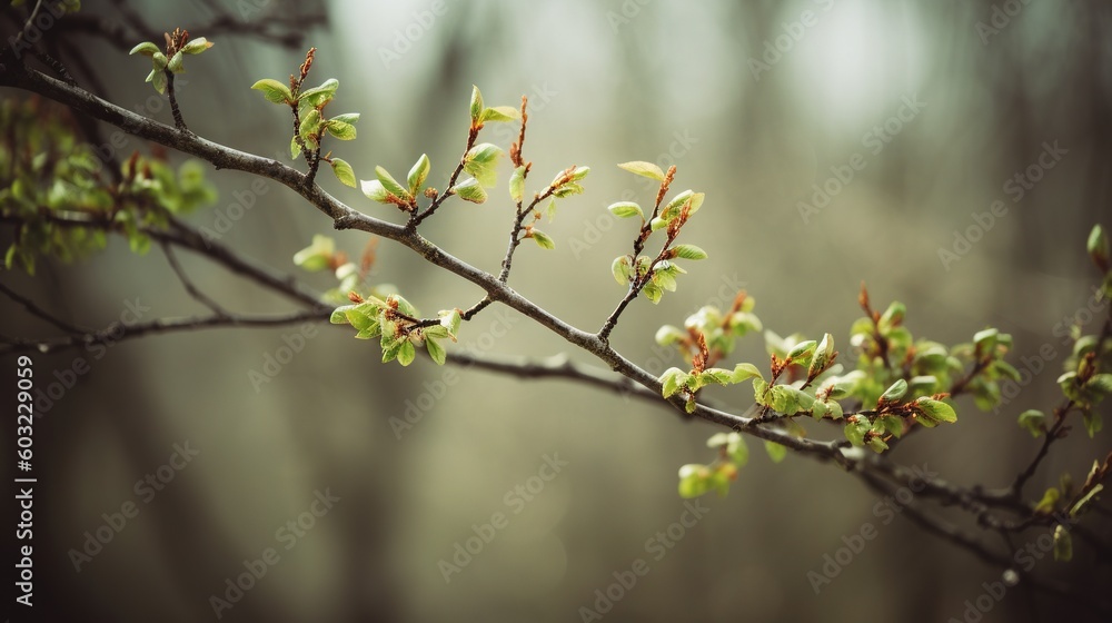 Poster a tree branch with small green leaves in the foreground. generative ai