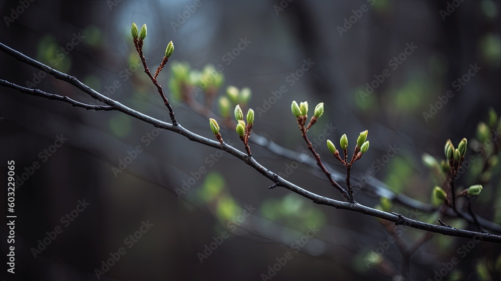 Poster a tree branch with green leaves in a forest area with a blurry background. generative ai