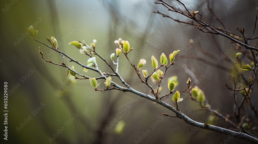 Poster a tree branch with small leaves in the foreground and a blurry background. generative ai