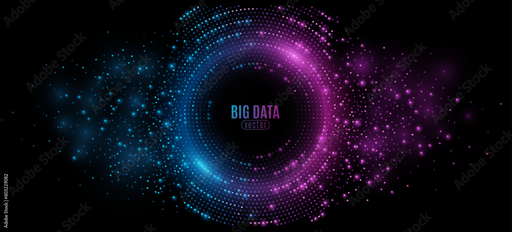 Poster futuristic digital circles of blue and purple glowing dots. information particles in a neural networ