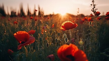  a field full of red flowers with the sun in the background.  generative ai