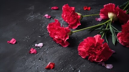  red carnations and petals on a black surface with water droplets.  generative ai