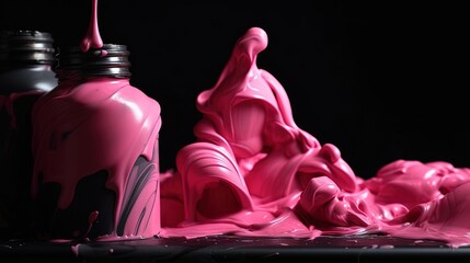  a pink and black bottle of paint on a black surface.  generative ai