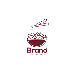 Ramen Noodle Pho Food Word Sign Logo, And Icon Design Template Elements With Spoon And Chopstick Vector Color Emblem. Plate With a Spoon, And Fried Eggs In The White Background.