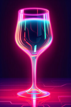 Drink im Weinglas in Neonfarben und Neonlicht. Hochkant. Hochformat. Generative Ai.