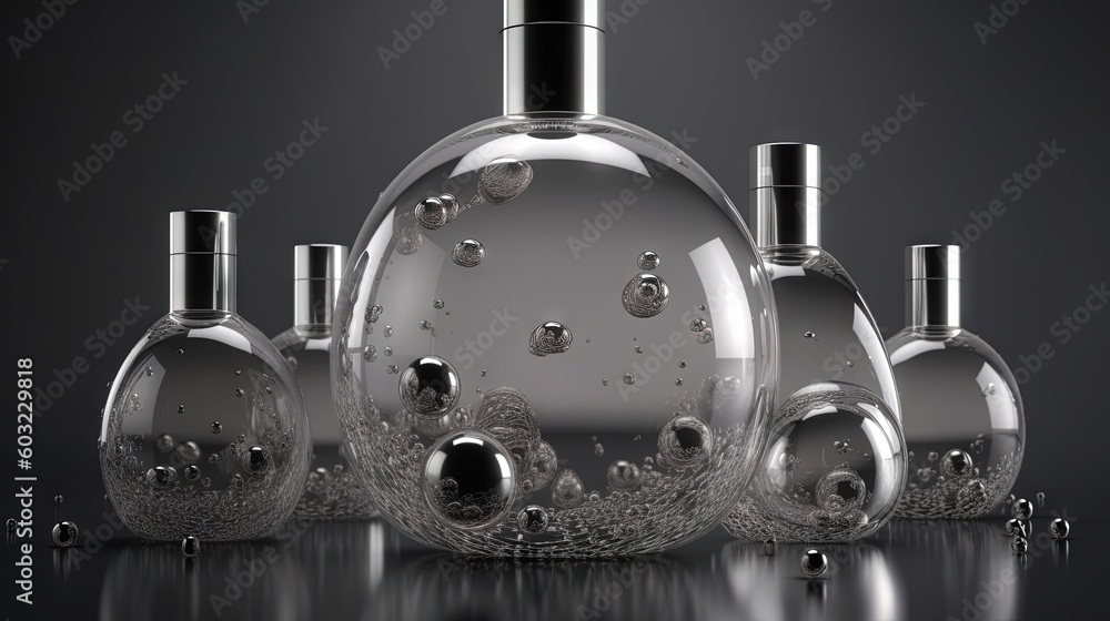 Poster a group of glass bottles with bubbles on the top of them. generative ai