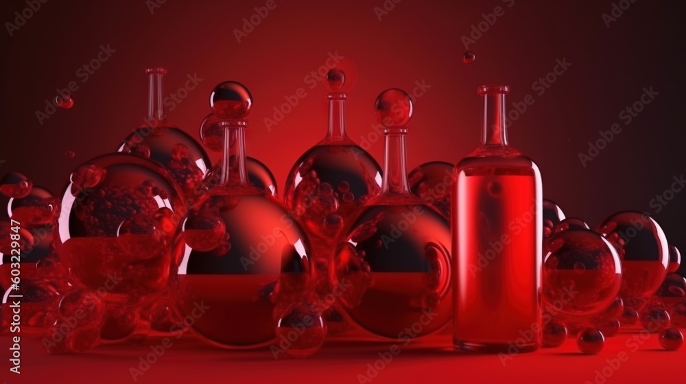 Poster a group of red glass bottles and bottles on a red surface. generative ai