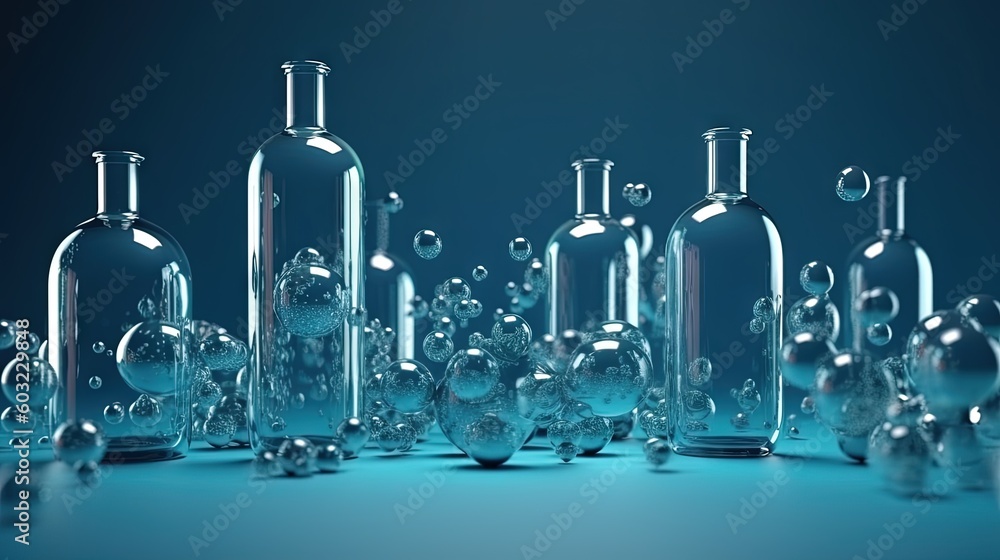 Poster a group of glass bottles with a lot of bubbles in them. generative ai