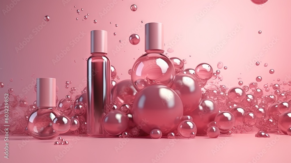 Poster a pink background with a lot of bubbles and a lot of bottles. generative ai