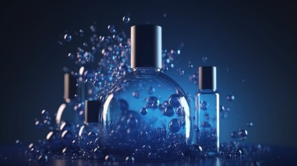  a bottle of cologne sitting on top of a blue table.  generative ai