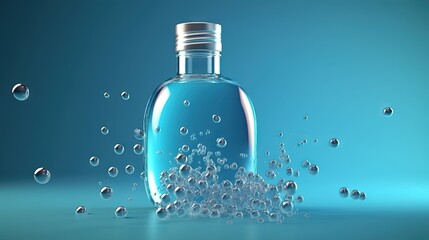  a bottle filled with water and bubbles on a blue background.  generative ai