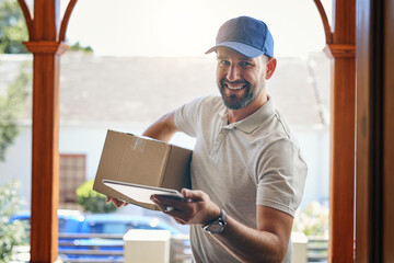Delivery man, portrait and box with tablet for logistics, ecommerce or courier service at front door. Happy male person smiling with package, carrier or cargo for online purchase, order or transport
