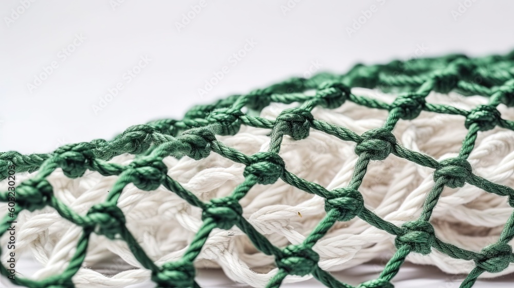 Poster a close up of a green and white net on a white surface. generative ai