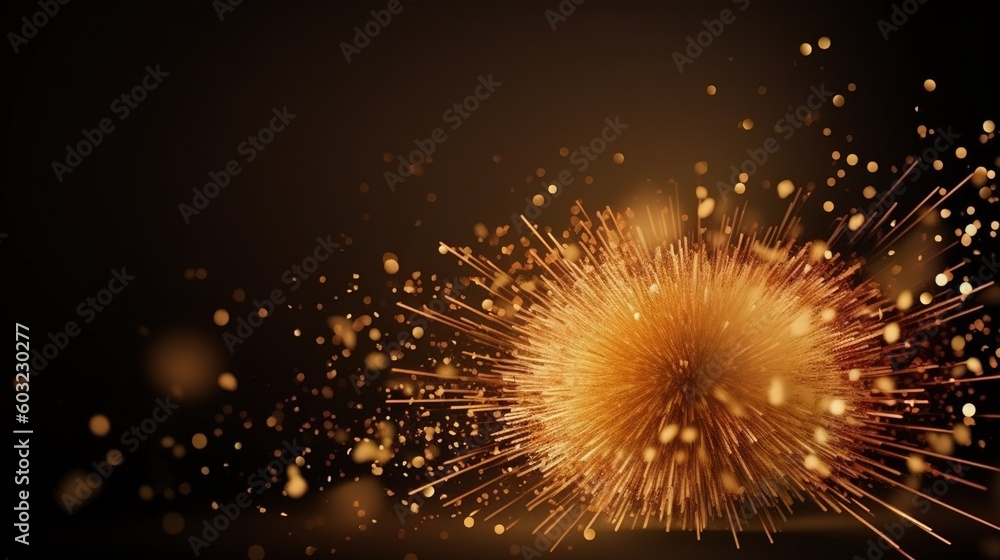 Poster a yellow firework exploding in the dark with sparks coming out of it. generative ai