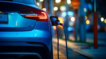 Electric car connected to a charging station. Generative AI