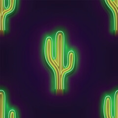 Naklejka premium Seamless pattern with glow Mexican cactus. Desert plant. Neon Light Texture, Signboard. Glossy Background. Vector 3d Illustration 