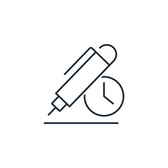  A writing pen and a running clock sign.Data completion time. To make a request,application. Vector linear icon isolated on white background.