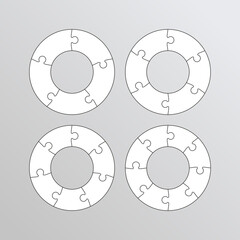 Ring puzzle grids collection. Circular mosaic background. Cutting templates set with details. Scheme for thinking game. Frame tiles. Jigsaw details with 5, 6, 7, 8 pieces. Vector illustration