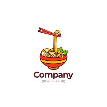 Noodle Pho Food Logo Templete, And Icon Design Template Elements With Spoon And Chopstick Vector Color Emblem.
 Noodle Plate With Spoon, And Fried Eggs In The White Background.