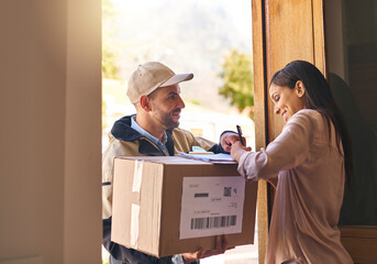 Signature, woman and courier with a box, delivery and distribution with a box, service and...