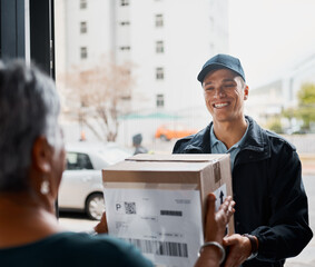 Customer, box and delivery man giving package at home from courier company with friendly service. Logistics worker at door of woman or client with a parcel in cardboard for e commerce shipping