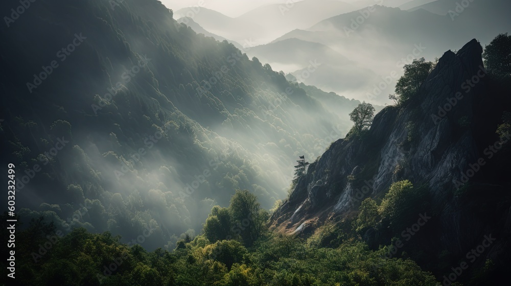 Poster  a view of a mountain range in the foggy day.  generative ai