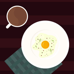 Flat illustration with fried egg on plate and cup of tea. Illustration can be used for restaurants, cafes or like illustration daily routine.