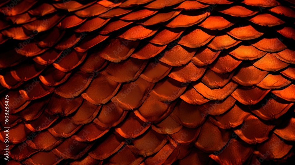 Poster a close up of a red snake skin pattern on a black background. generative ai