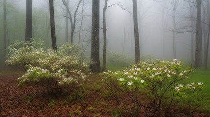  a foggy forest filled with lots of trees and flowers.  generative ai