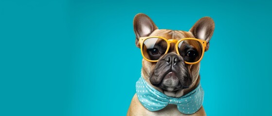 Fototapeta premium Cute dog in sunglasses with blue background. Generative AI