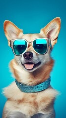 Cute dog in sunglasses with blue background. Generative AI
