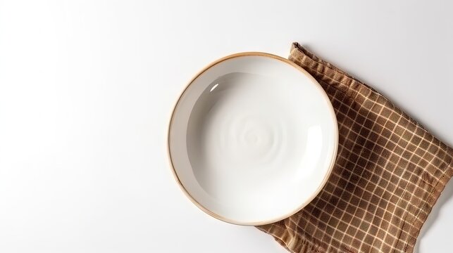  a white bowl sitting on top of a brown napkin on a white table.  generative ai