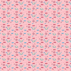 Seamless cute childish pattern of balloons, cake, and candies on a pink background; for printing on fabric, for wrappers, wallpapers, postcards.