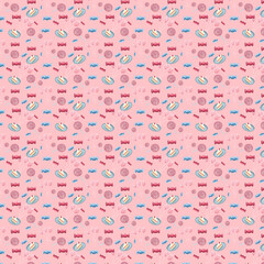 Seamless cute childish pattern of balloons, cake, and candies on a pink background; for printing on fabric, for wrappers, wallpapers, postcards.
