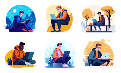 freelancer guy with a notebook, a working man on a remote job in nature. Setю Illustration generated ai technology