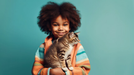 A little afro boy shares a heartfelt hug with his feline friend in this adorable studio portrait. Generative AI