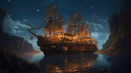 ship at night. Generative Ai