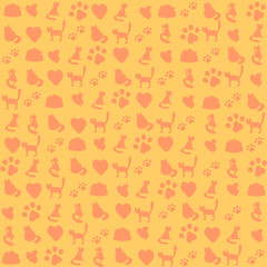 Light yellow red set of cute cats vector. Pet shop vector seamless pattern with icons of cat, food bowl, animal paw, heart. Background for pet shop, veterinary clinic, pet store, zoo, shelter