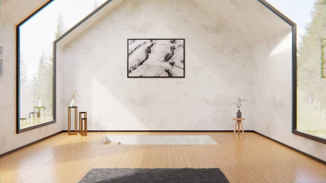 Push out shot of an empty room in a modern house. 3D Render animation