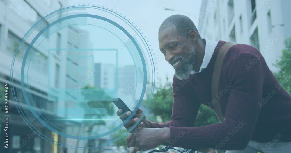 Poster animation of padlock and data processing over biracial businessman using smartphone