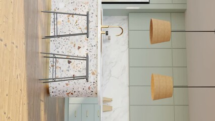 Vertical 3D Render Animation of a white modern minimalistic kitchen