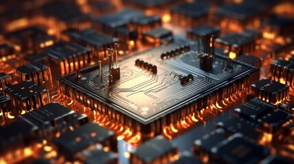 Close up of micro circuit board, complex electronic components and paths. Generative AI