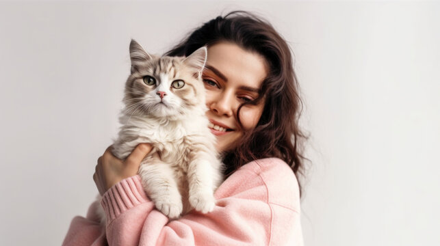 A pretty young woman and her beloved feline friend as they share a tender moment on a white background. Generative AI
